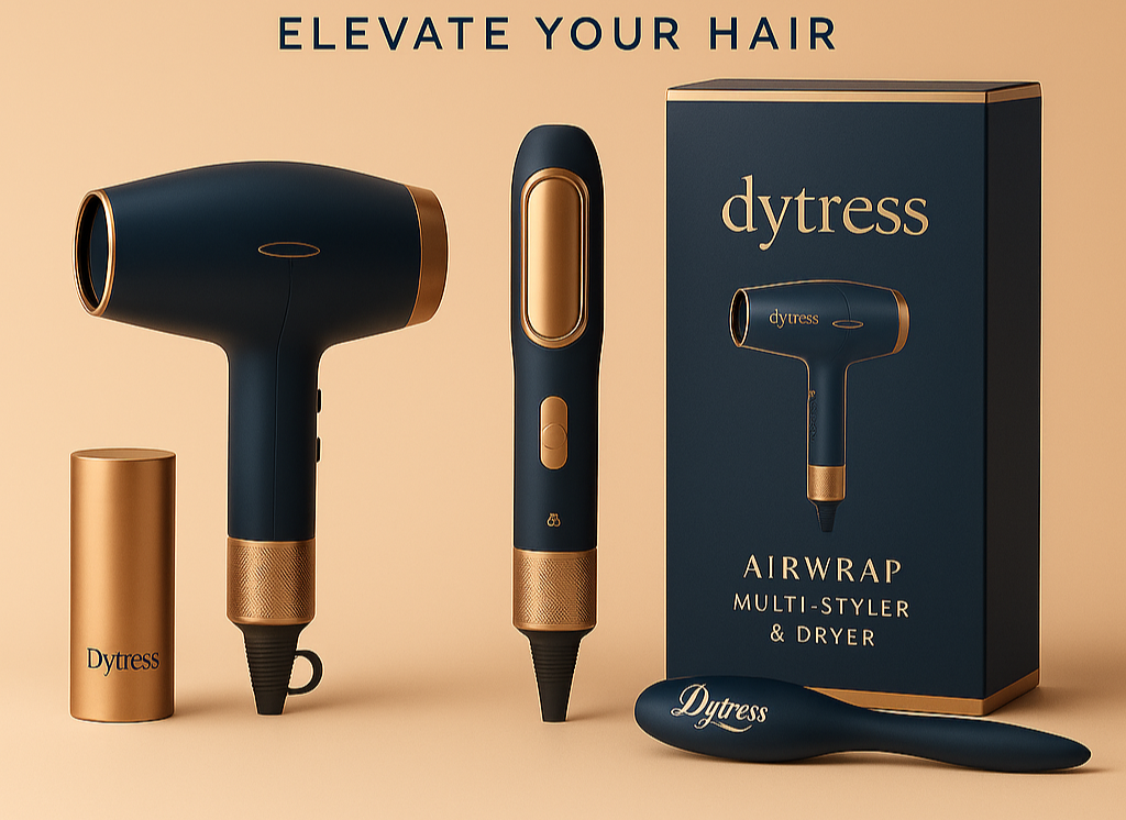 Dytress hair care products including a hair dryer, multi-styler, and packaging on a beige background.