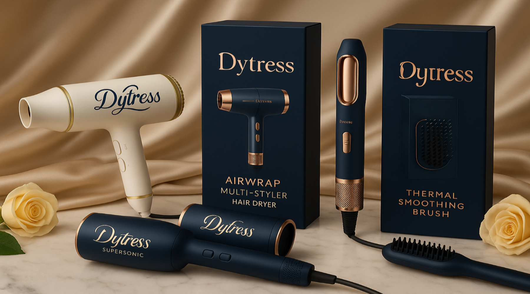 Dyttress hair care products including a hair dryer, multi-styler, and smoothing brush on a beige background.