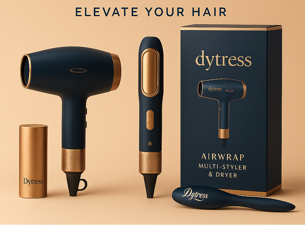 Dytress hair care products including a hair dryer, multi-styler, and packaging on a beige background.